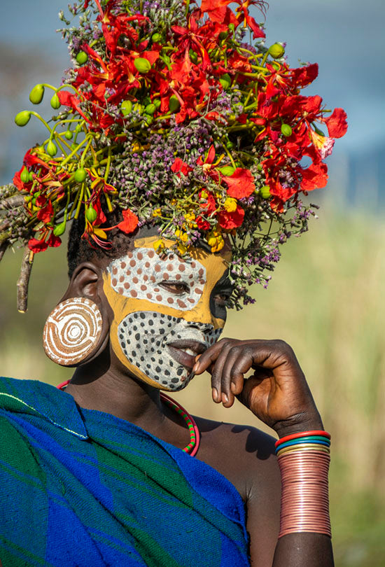 Surma Girl with Floral Decorations &amp; Ear Plate, Ethiopia