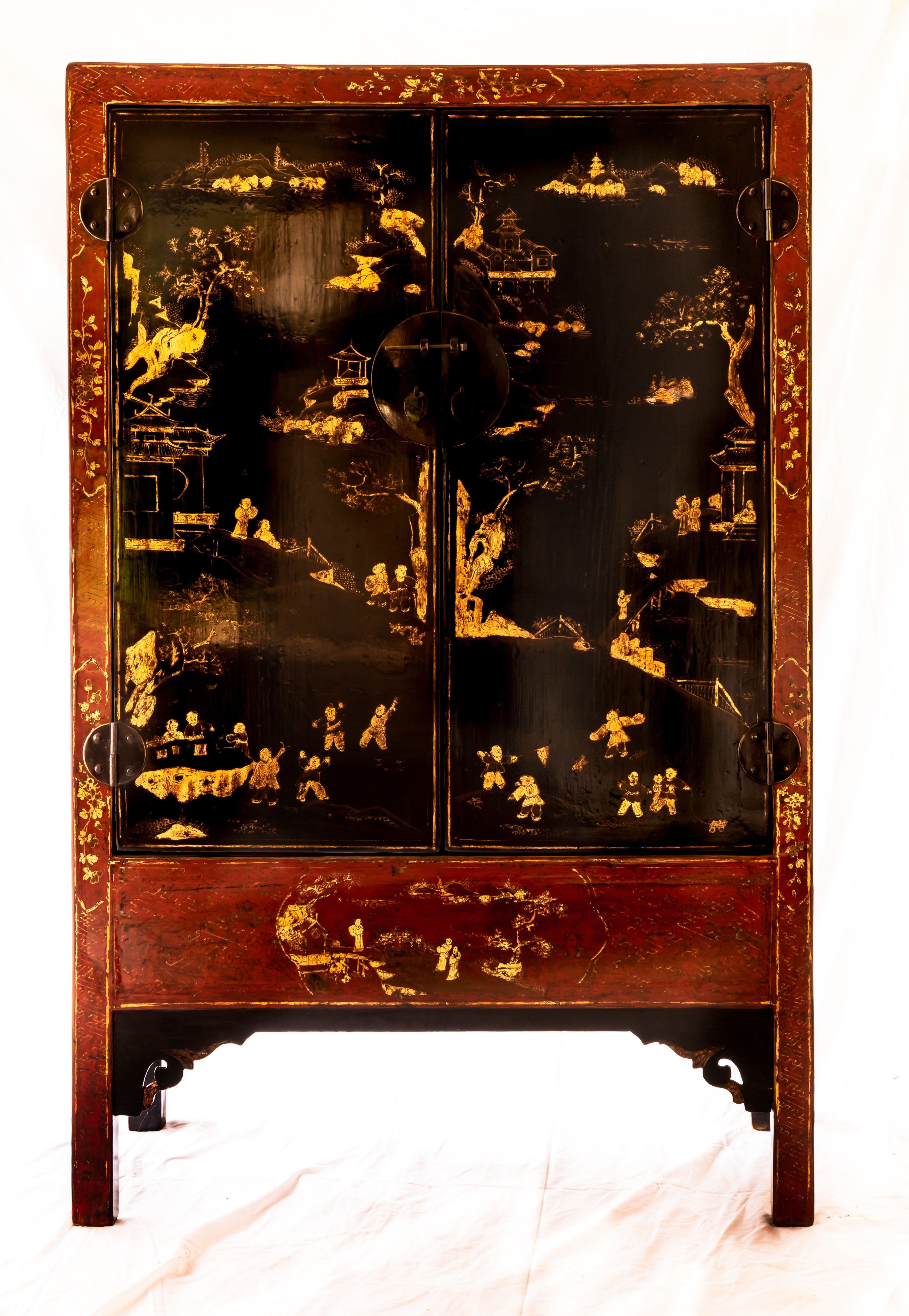 Red & Black Painted Lacquer Wedding Cabinet From Shanxi  -19thC